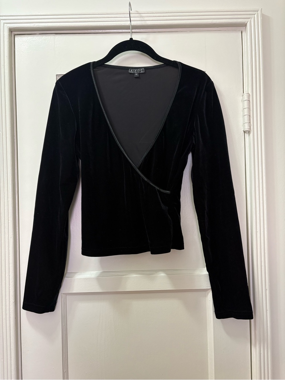 AZIZ  Black Velvet Wrap-Front Long Sleeve Top